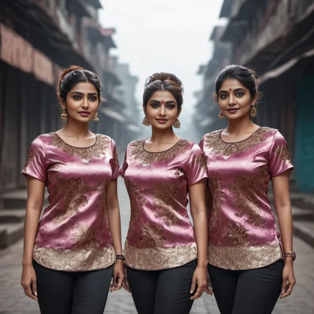 (full body shot) cute group of indian middle aged women wearing a Paisley prints satin_teeshirt, Messy bun hair style, hyperdetailed photography,4k textures,intricate details,4k resolution dystopian city scene, ((dark cinematic still)) <lora:satin_teeshirt_v1:0.7>