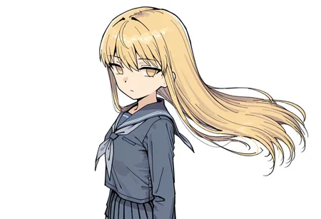 lazypos, girl focus, 1girl, solo, long hair, school uniform, simple background, white background, looking at viewer, grey neckerchief, arms at sides, skirt, long sleeves, shirt, yellow eyes, closed mouth, no pupils, from side, serafuku, blue skirt, upper body, sailor collar, blue shirt, looking to the side, pleated skirt, expressionless, floating hair, blonde hair, kaedeko, bms07sty
