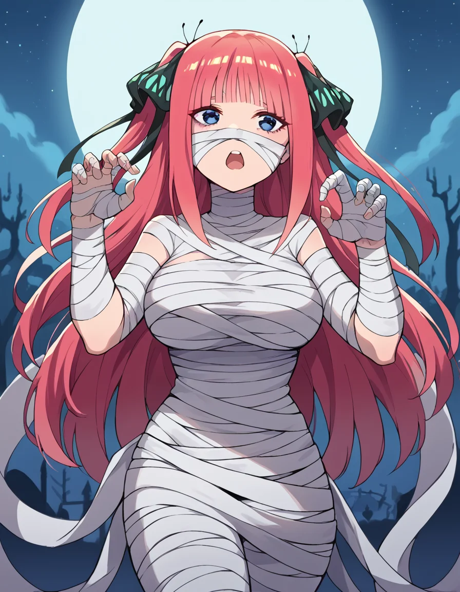 score_9, score_8_up, score_7_up, source_anime, <lora:nnakano-s2-ponyxl-lora-nochekaiser:1>, long hair, bangs, blue eyes, hair ornament, hair ribbon, pink hair, blunt bangs, two side up, butterfly hair ornament, large breasts,, <lora:mummy-costume-ponyxl-lora-nochekaiser:1>, mummy costume, bandages, halloween costume, bandaged arm, zombie pose, bandage on face,, desert, moon, night, open mouth,, cowboy shot