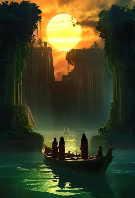 Three women stand on a boat floating in the water in front of the lush and magnificent Hanging Gardens of Babylon. The scene is captured in somber tones and a bleak atmosphere, reminiscent of dark art by an ancient artist. The women appear as if they are bathing, evoking the image of a female Atlas. The boat is a massive wooden galley with vibrant yet bleaked translucent red sails, adorned with an ancient Atlantean emblem. The galley floats quietly on a calm, pale sea under a nearly clear sky with few clouds, in sweltering heat.
The background is detailed and atmospheric, with a haze adding to the cinematic quality of the image. The overall mood is epic and moody, with a high-budget, cinemascope feel. The image has a film grain and is very detailed, reminiscent of a 2000s vintage RAW photo, with a photorealistic, candid camera effect. The color grading is cinematic, with eye-catching light and natural imperfections, captured with a shallow depth of field.