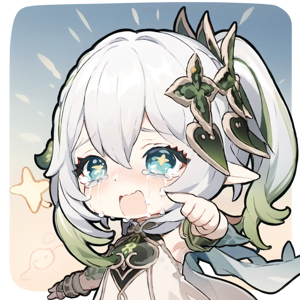(chibi)
looking at viewer, (sad:1.3), (crying, tears:1.3), open mouth,
small girl dancing, white dress,
<lora:nahida_bs4_unet_2e-4_te_1e-4_dim64_alpha_32_768-000060:0.9>  <lora:paimonsPaintingsStyle_gstamp02000008:0.9>
