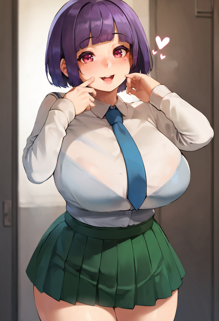 score_9, score_7_up,  1girl, 
solo, huge breasts, wide hips, thick thighs, cowboy shot, blunt bangs, skindentation, short hair, long sleeves, bob cut, shirt tucked in, shirt, purple hair, hands up, pleated skirt, pink eyes, alternate breast size, school uniform, thighs, smile, open mouth, high-waist skirt, :d, skirt, blush, heart, green skirt, necktie, white shirt, breasts, blue necktie, alternate eye color
 <lora:Naze-Style-PonyXL-GLoRA-v1.1-000045:1>