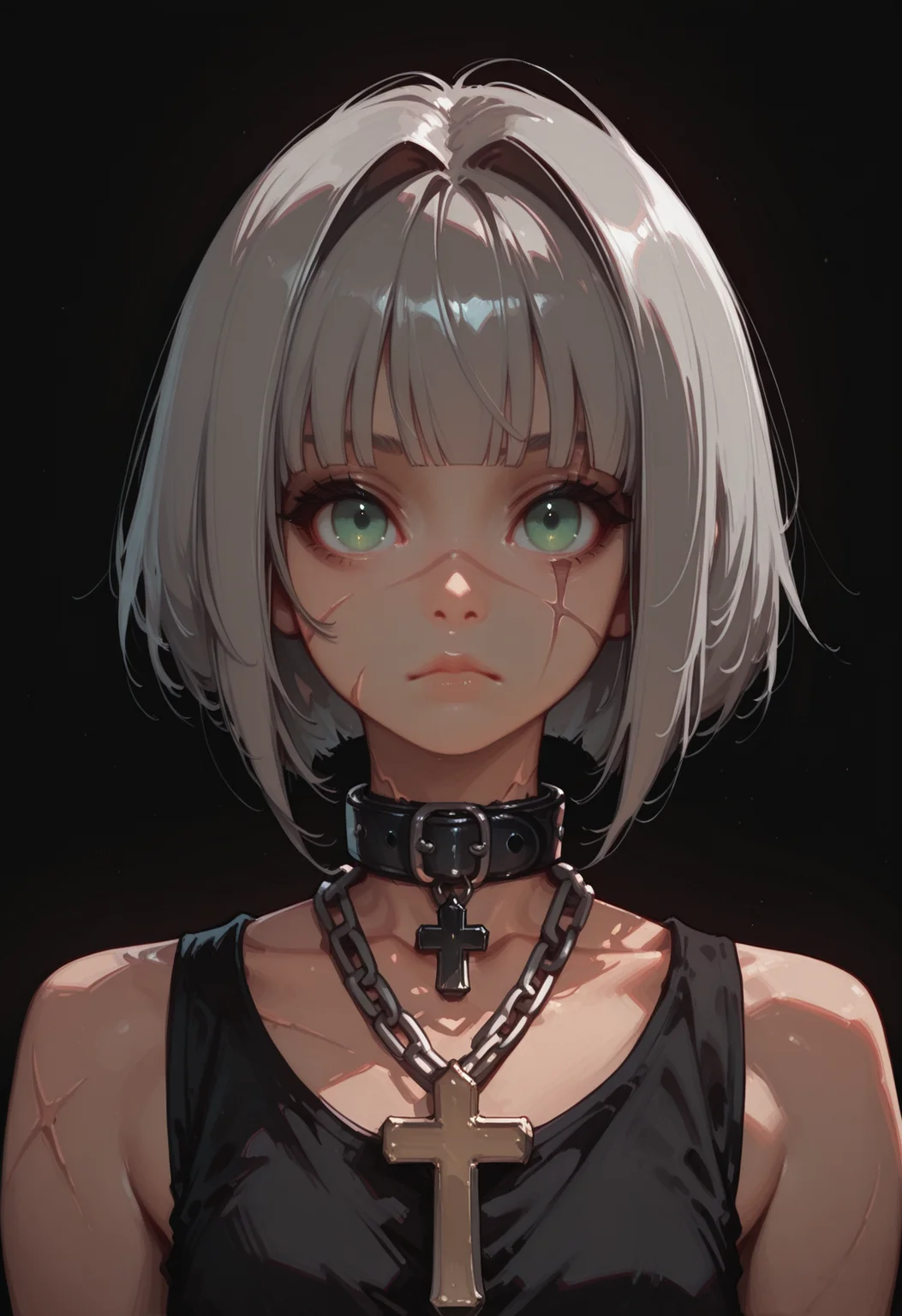 masterwork, masterpiece, best quality, dynamic lighting , dynamic pose,
(lineless:1.5)  ,<lora:B-mixxxlora:1.5>
1girl, scar, scar on face, green eyes, solo, looking at viewer, necklace, black background, jewelry, collar, grey hair, short hair, portrait, scar across eye, cross, scar on nose, closed mouth, chain necklace, simple background, cross necklace, collarbone, scar on cheek, straight-on, bob cut, bare shoulders, black collar, sleeveless, eyelashes, nose, eyebrows hidden by hair, black shirt, expressionless, hair intakes, shirt, chain, medium hair, blunt bangs, sleeveless shirt, upper bod