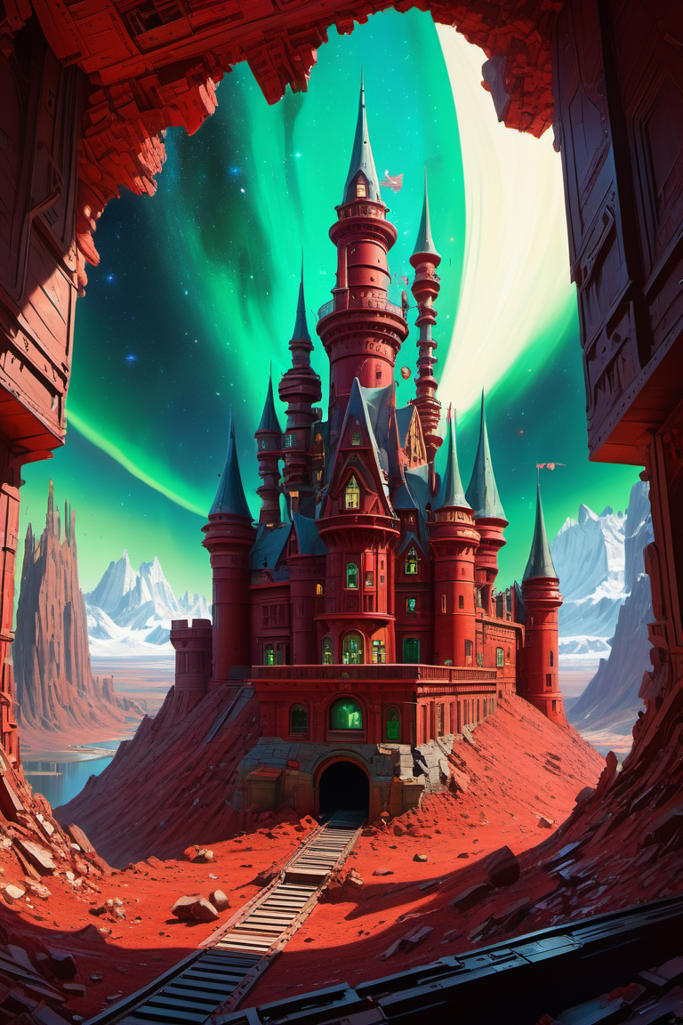 hyper detailed masterpiece, dynamic realistic digital art, awesome quality,far-out red queen's castle
,flaked paint celestial wormhole
,precision blast furnace square
 glare effects,aurora australis, baleful,robotic,decaying,cultural preservation,homesteads,meditative,emerald,injurious