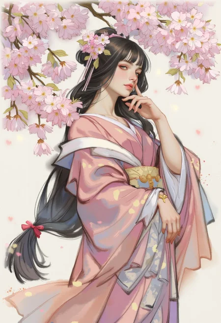 side portrait, shuimo, OBxiaoxiang, an elegant Japanese woman wearing a silk dress, long hair, bangs, sidelocks, serene expression, standing under sakura trees, blossoms falling gently in the breeze, dappled sunlight