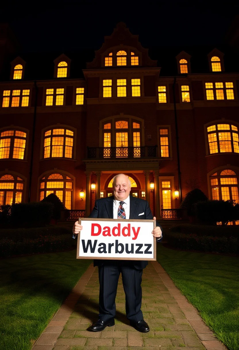 Daddy Warbucks standing in front of a large mansion.  Every window is lit up with bright yellow light.  He is holding a sign that says “Daddy Warbuzz”