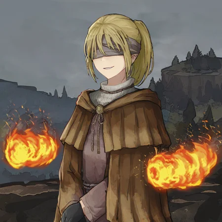 <lora:HyettaV2:0.8>,1girl,elden ring,short ponytail,grey blindfold,covered eyes,hide capelet,grey cloak,black gloves,evil smile,looking forward,standing,V,hands up,trees on fire in background,
