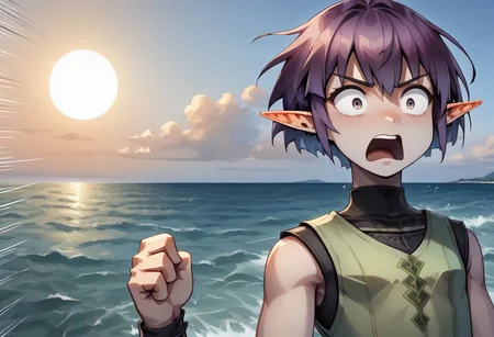 Lapanya, 1 person, solo, pointy ears, ((snout nose)), flat chest, small nostrils, short stature, skinny arms, ((hazel irises)), fair skin, ((dark lilac hair)), short hair, tomboy haircut, small nostrils, 3 fingers 1 thumb ((Sleeveless green vest, fitted black undershirt, black pantaloons, fully clothed))
Falling from the sky, midair, falling towards the ocean, wide eyes, afraid expression, open mouth, shouting 
Clouds above, ocean below
clean lines, up close, upper body focus, highly detailed face, high quality, best quality,  score: 9, score: 8 up, rating: safe