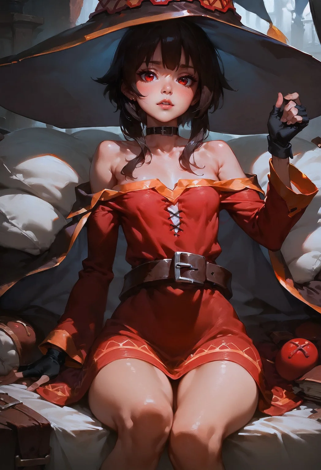 score_9, score_8_up, score_7_up, Slim girl, tiny breasts, narrow waist, wide hips, skinny, tiny, miniscule, petite, small arms, small legs, small body, megumin, bare shoulders, black gloves, black hair, blush, choker, collarbone, dress, fingerless gloves, gloves, hair between eyes, hat, long sleeves, medium hair, off-shoulder dress, off shoulder, red dress, red eyes, sidelocks, witch hat, 1girl, delicate and smooth skin, blush, perfect body, thighs, highly detailed, glossy lips, <lora:Concept Art DarkSide Style LoRA_Pony XL v6:0.8> concept art, <lora:GwentStyle_v2:0.6> gwentstyle <lora:Expressive_H-000001:0.8> expressiveh