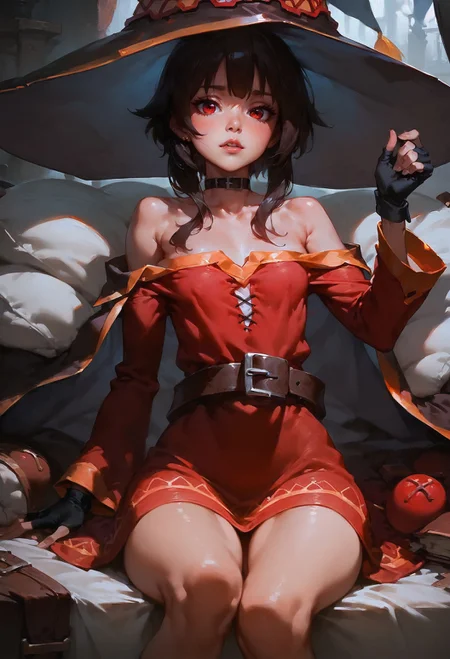 score_9, score_8_up, score_7_up, Slim girl, tiny breasts, narrow waist, wide hips, skinny, tiny, miniscule, petite, small arms, small legs, small body, megumin, bare shoulders, black gloves, black hair, blush, choker, collarbone, dress, fingerless gloves, gloves, hair between eyes, hat, long sleeves, medium hair, off-shoulder dress, off shoulder, red dress, red eyes, sidelocks, witch hat, 1girl, delicate and smooth skin, blush, perfect body, thighs, highly detailed, glossy lips, <lora:Concept Art DarkSide Style LoRA_Pony XL v6:0.8> concept art, <lora:GwentStyle_v2:0.6> gwentstyle <lora:Expressive_H-000001:0.8> expressiveh