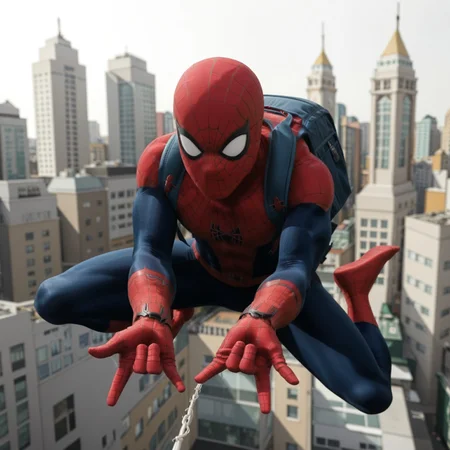 spider web, city, backpack, outdoors, white background, falling pose, spider-man, holding web, spider-man fingers, spider-man hands, twip, two fingers down, thumb out, solo
