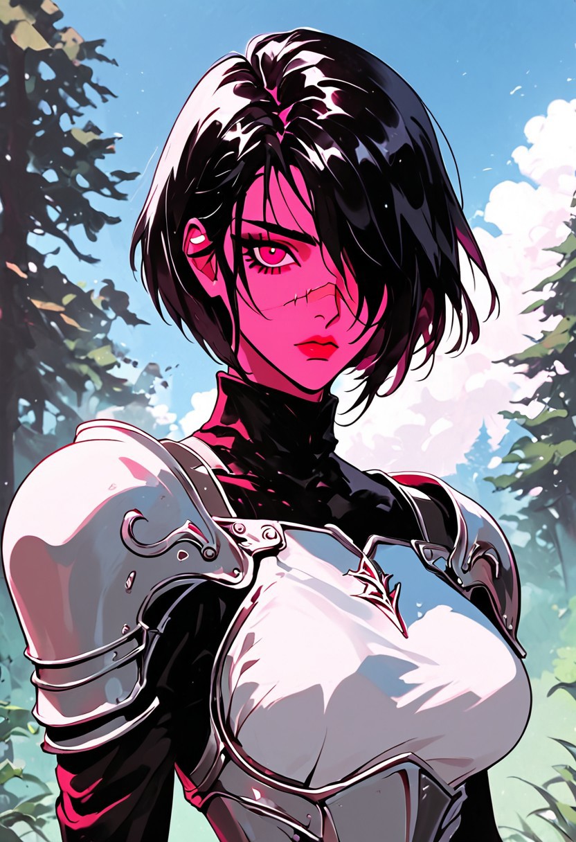 1girl, armor, scar, solo, scar on face, black hair, short hair, hair over one eye, looking at viewer, purple eyes, outdoors, upper body, breastplate, shoulder armor, tree, makeup, day, scar across eye, sky, , cloud, , shoulder plates, pauldrons, breasts, nature, eyelashes, scar on nose, scar on cheek, closed mouth, forest, blue sky, one eye covered
,  <lora:Ri-MIX_A_Illustriousv2-000009:1> rimixa,, looking at viewer,, , score_9, score_8_up, score_8_up,