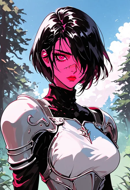 1girl, armor, scar, solo, scar on face, black hair, short hair, hair over one eye, looking at viewer, purple eyes, outdoors, upper body, breastplate, shoulder armor, tree, makeup, day, scar across eye, sky, , cloud, , shoulder plates, pauldrons, breasts, nature, eyelashes, scar on nose, scar on cheek, closed mouth, forest, blue sky, one eye covered
, <lora:Ri-MIX_A_Illustriousv2-000009:1> rimixa,, looking at viewer,, , score_9, score_8_up, score_8_up,