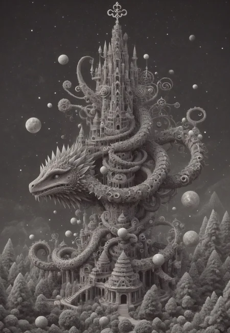 an intricate tower, mythical serpent wrapped around tower, (negative space, layer, sigils). orbs and moons, forging cluster astral keys, tetrahedral trees, (three planes),  stack, flower tiles, OverallDetail