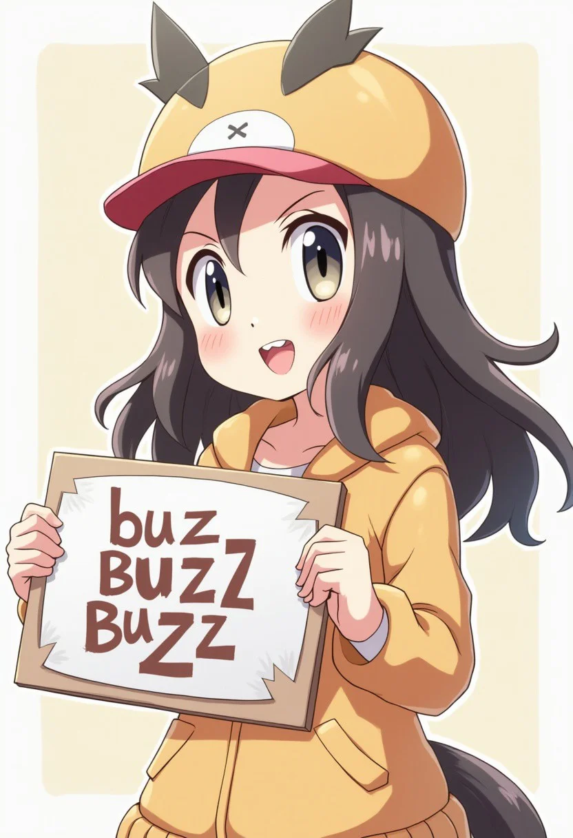 anime girl from pokemon series holding sign it say "buzz buzz buzz" , pokemon style