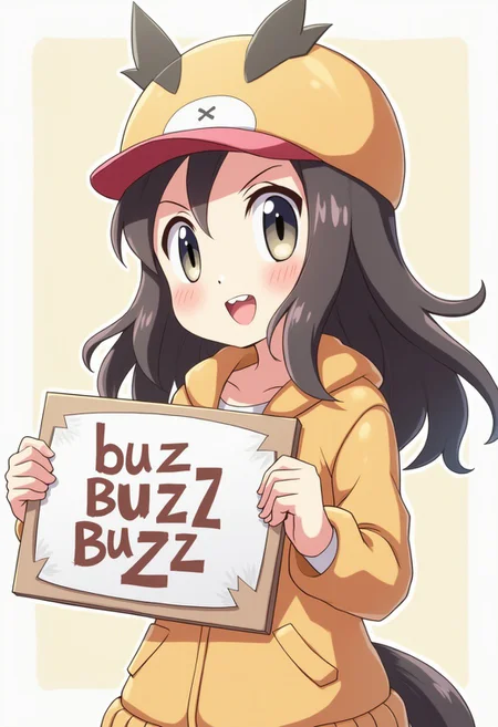 anime girl from pokemon series holding sign it say "buzz buzz buzz" , pokemon style