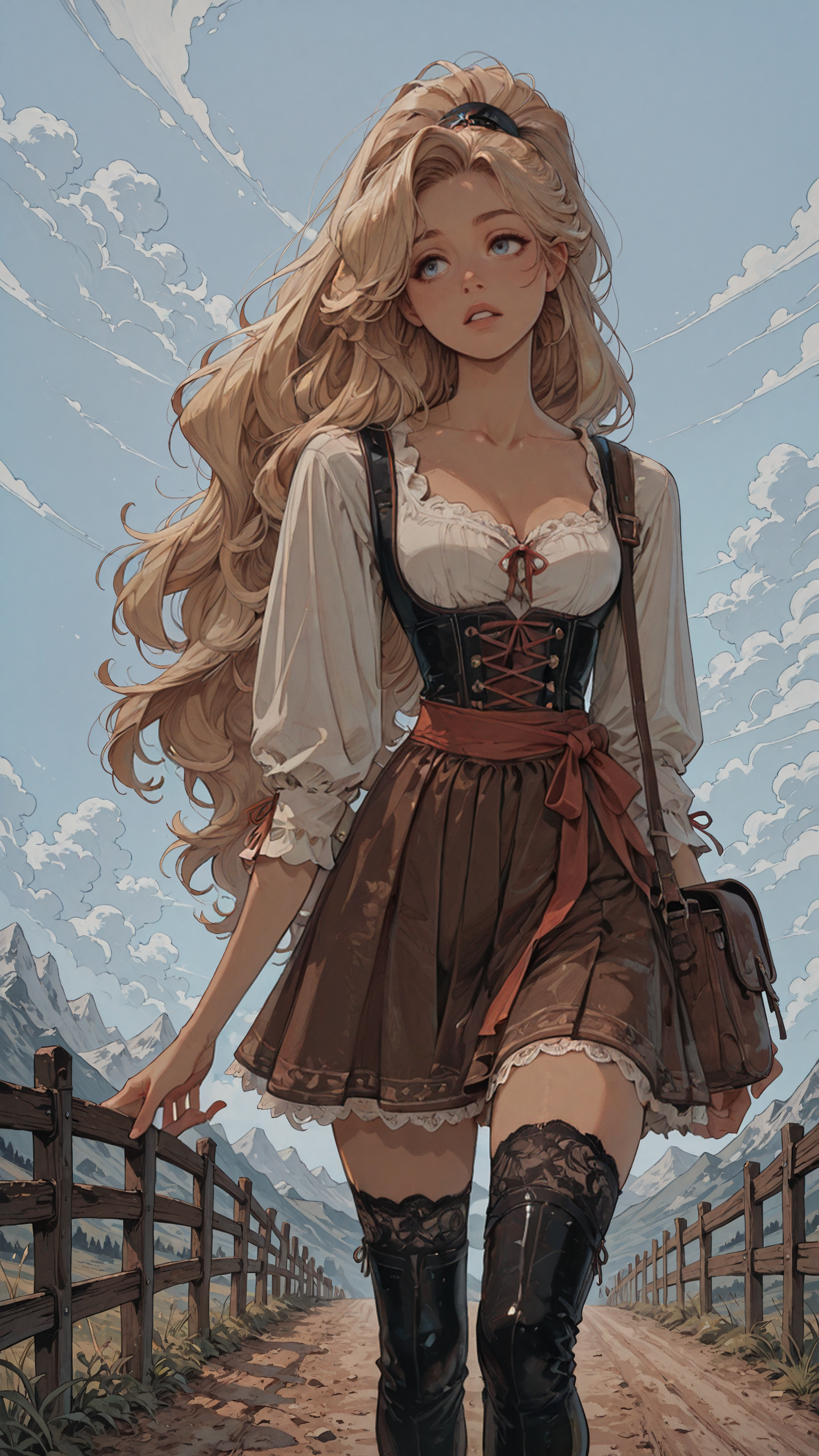 masterpiece, newest,absurdres,incredibly absurdres, best quality, amazing quality, very aesthetic, (simple light blue background:1.2), western comics \(style\), 
1girl, hiking, dirndl, dirt road, fence, miniskirt, leather bag, lace-trimmed legwear, cloud, mountainous horizon, blonde, big hair, wide ponytail, parted lips,
 <lora:ka_marukogedago:1> k4_illu,  <lora:style1_v1_Illusv2.0_1:1> stylized  <lora:[Cygames Mobage (Hideo Minaba Yuya Nagai Ryoji Ohara)] Granblue Fantasy Art Style Illustrious_1656091:1> granbluefantasysyleil