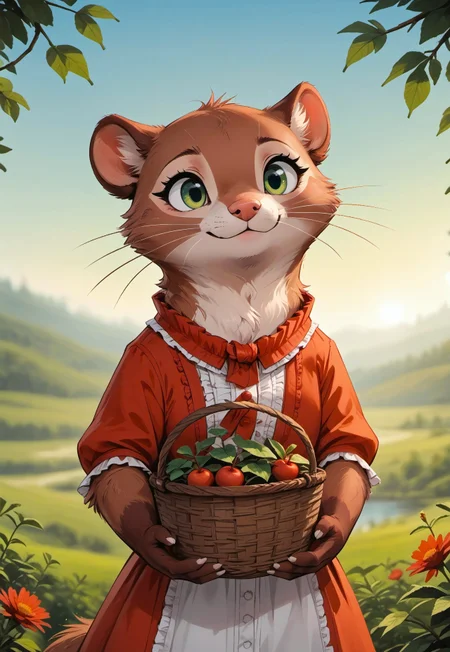 score_9, score_8_up, score_7_up, score_6_up, score_5_up, score_4_up, m0use_maximilla, ITMStyle, in the style of Beatrix Potter, female, (((ferret))), (feral:1.3), (cute:1.2), (green eyes), (brown fur:2), (white paws), outdoors, sun, daylight, holding basket of blackberries, (side view:0.2) (small paws:1.5), (upper body shot:2), fluffy tail, (black tail), (frilly shirt), brambles, vines, bushes, (blurry background, depth of field:3),