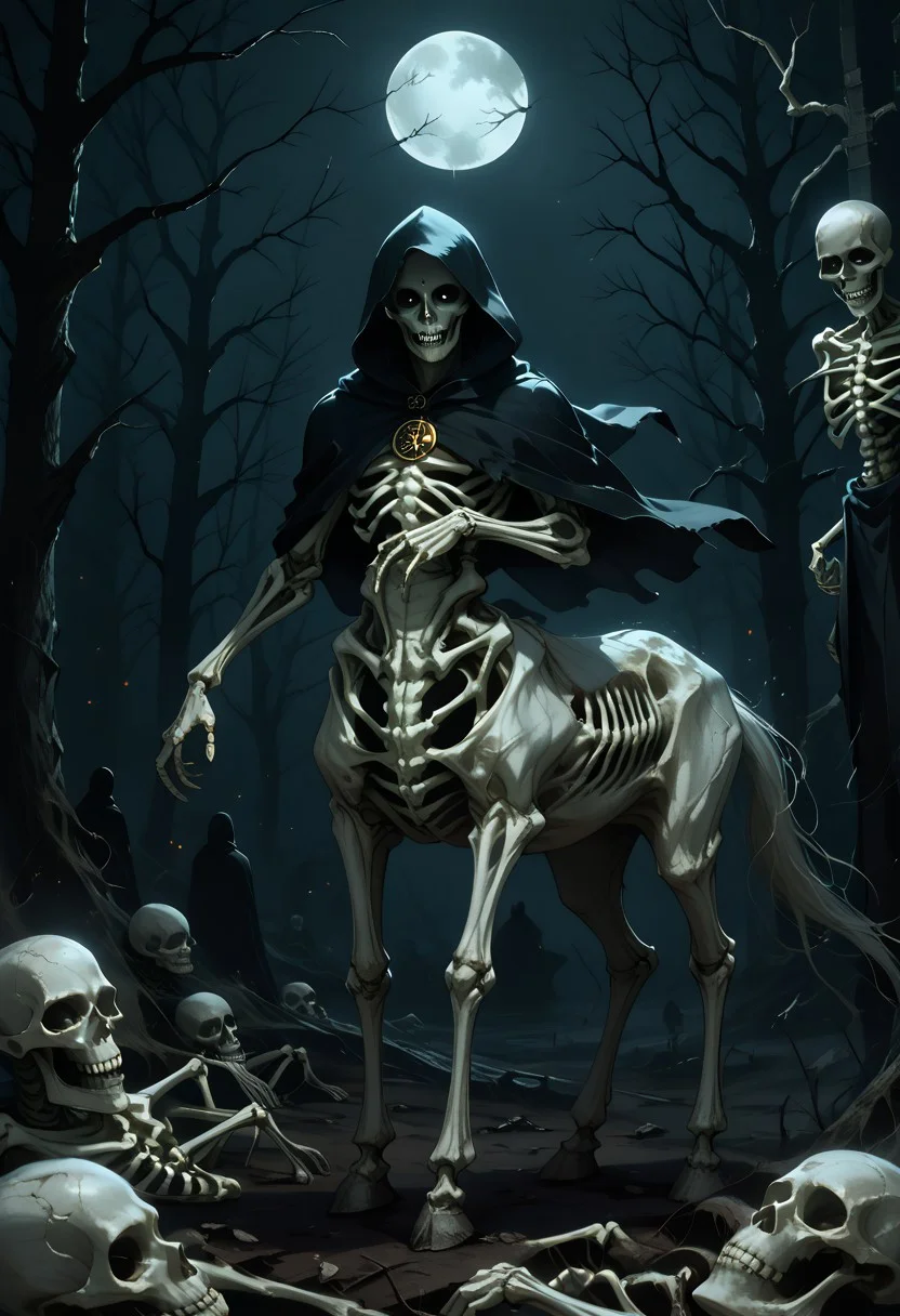 score_9, score_8_up, score_7_up, score_6_up, ((solo, 1man, pale centaur, pale horse legs, skeletal torso, taur, pale fur, dark hooded figure, shadowy figure, Grim Reaper style, (faceless, blacked out face:1.2), raising one hoof)), lawful evil alignment, dungeons and dragons character, highly detailed, dnd, semi-realistic, IBG, intricately detailed, dramatic lighting, dark night, sharp edges, 8k resolution, wide shot, dark theme, dark aura, horror, spooky, occult, apocalyptic, nightmarish, silhouette, backlighting