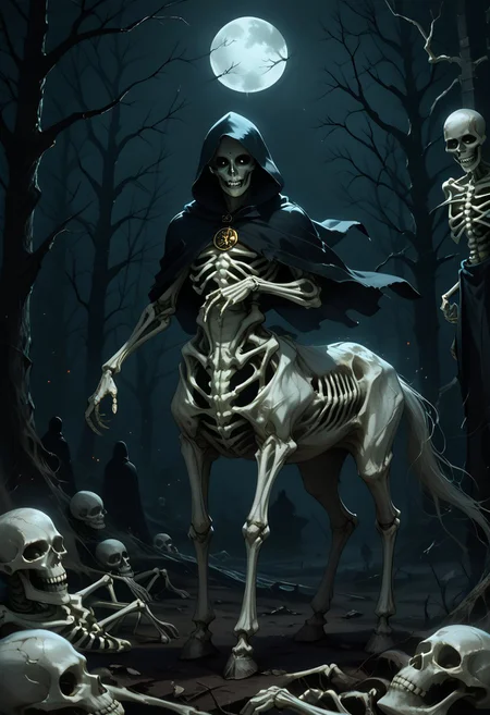 score_9, score_8_up, score_7_up, score_6_up, ((solo, 1man, pale centaur, pale horse legs, skeletal torso, taur, pale fur, dark hooded figure, shadowy figure, Grim Reaper style, (faceless, blacked out face:1.2), raising one hoof)), lawful evil alignment, dungeons and dragons character, highly detailed, dnd, semi-realistic, IBG, intricately detailed, dramatic lighting, dark night, sharp edges, 8k resolution, wide shot, dark theme, dark aura, horror, spooky, occult, apocalyptic, nightmarish, silhouette, backlighting