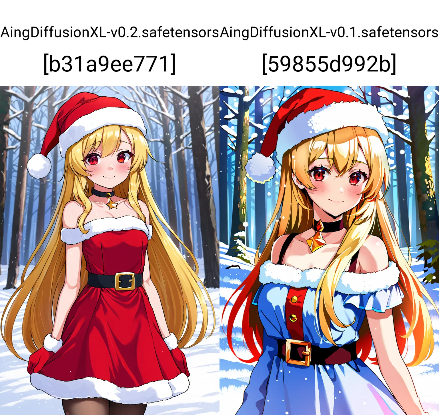 masterpiece, best quality,
long hair, blonde hair, wavy hair, red eyes, flat chest, dress, santa hat, choker, smile, arms behind back,
portrait, snow, forest,