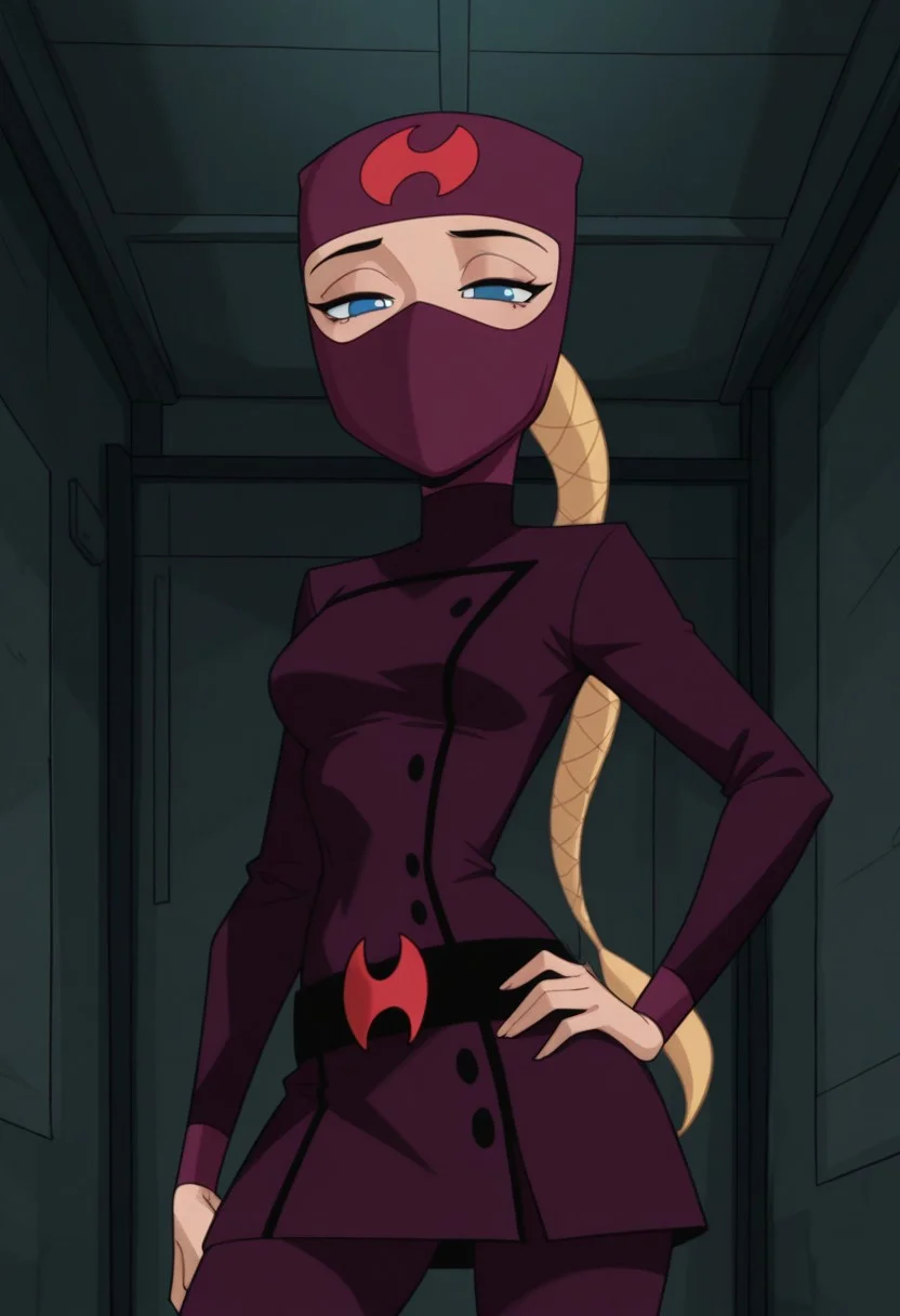 masterpiece, best quality, amazing quality, very aesthetic, absurdres, newest, 1girl, solo, indoors, looking at viewer, HuntsgirlS2, Ninja, Ninja Mask, Dark Purple Mask, Covered Mouth, Covered Head, Forehead Symbol, Blue Eyes, Braided Ponytail, Low Ponytail, Long Ponytail, Blonde Ponytail, Dark Purple Uniform, Waist Belt, cowboy shot, hand on hip, lidded eyes,
