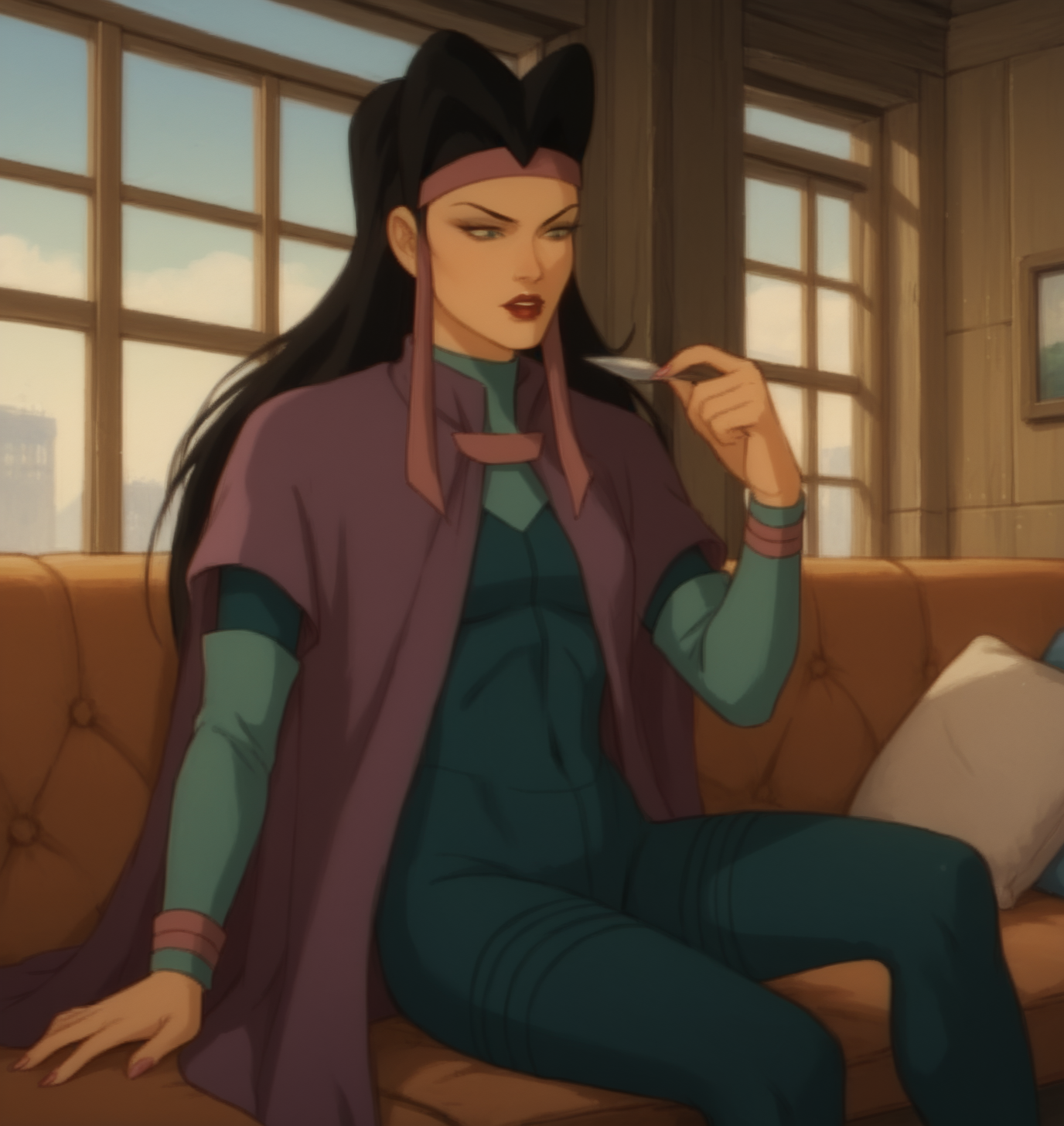 score_9, score_8_up, score_7_up, score_6_up, Detailed Background, BREAK
 <lora:Shreeka_TMNT_for_PonyXL:0.8>, shreeka, long hair, 1girl, black hair, cape, bodysuit, headband, lipstick, makeup, BREAK
Living Room, sitting on couch, window, detailed background