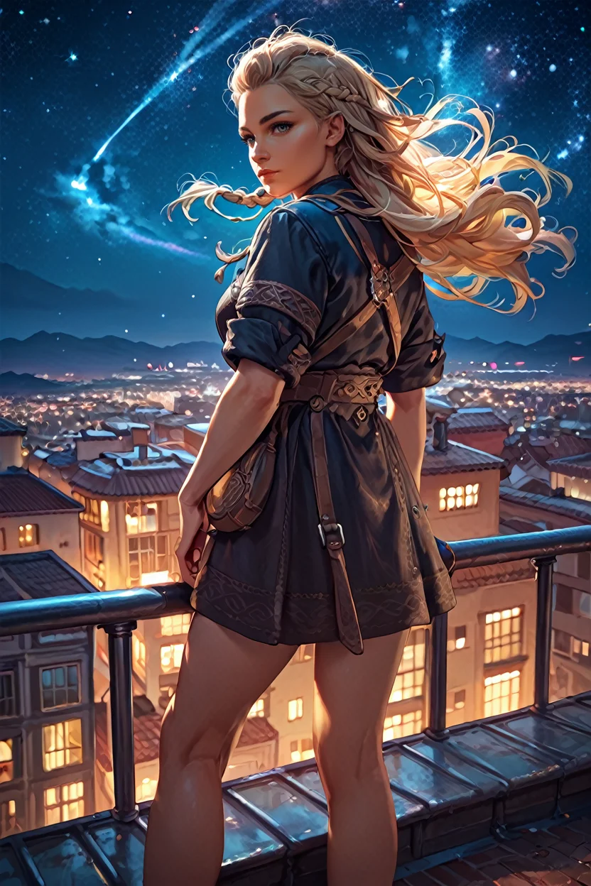 score_9, score_8_up, score_7_up, score_6_up
<lora:ACFEivor:1.0>
ACFEivor, 1girl, blonde hair, braid, long hair, looking at viewer, watching viewer, standing on a rooftop at night, city lights twinkling below, wind gently blowing hair, starry sky above, mysterious and enchanting ambiance