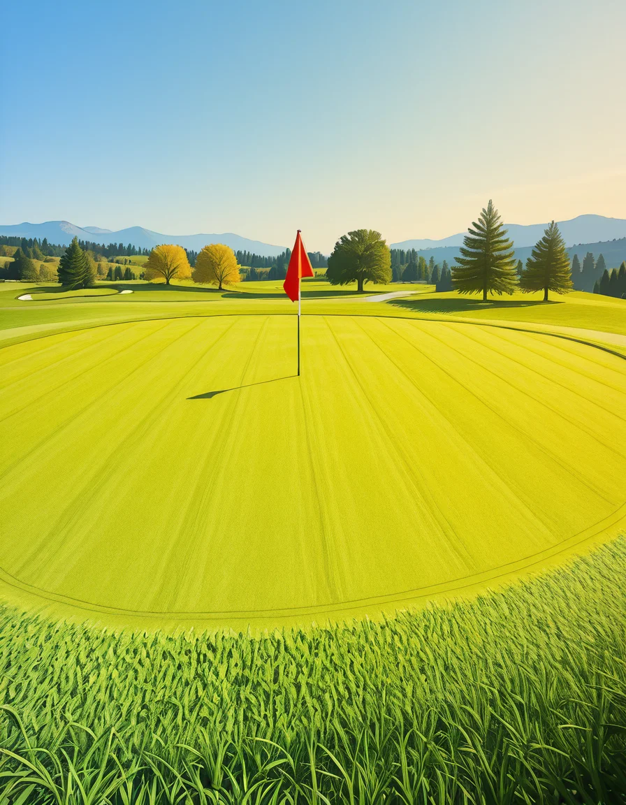 A beautifully maintained golf green in the golden light of late afternoon. The smooth, vibrant green grass is perfectly trimmed, with subtle undulations adding depth to the putting surface. A bright red flag flutters gently atop a sleek white pin, marking the hole at the center of the green. Surrounding the green, a soft fringe of slightly longer grass transitions into the rolling fairway, which stretches toward the horizon. In the background, tall pine trees cast long shadows, and a tranquil water hazard reflects the warm hues of the sky. The atmosphere is calm and inviting, capturing the essence of a perfect golfing moment.
<lora:SDXLFaeTastic2400:0.4> <lora:extremely_detailed:0.4> extremely detailed, <lora:golf_c0urs3-ill:1>,golf c0urs3, Masterpiece,best quality,hi res,8k,hi res,8k,award winning,(sharp focus, intricate, highly detailed),