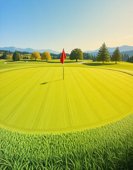 A beautifully maintained golf green in the golden light of late afternoon. The smooth, vibrant green grass is perfectly trimmed, with subtle undulations adding depth to the putting surface. A bright red flag flutters gently atop a sleek white pin, marking the hole at the center of the green. Surrounding the green, a soft fringe of slightly longer grass transitions into the rolling fairway, which stretches toward the horizon. In the background, tall pine trees cast long shadows, and a tranquil water hazard reflects the warm hues of the sky. The atmosphere is calm and inviting, capturing the essence of a perfect golfing moment.
<lora:SDXLFaeTastic2400:0.4> <lora:extremely_detailed:0.4> extremely detailed, <lora:golf_c0urs3-ill:1>,golf c0urs3, Masterpiece,best quality,hi res,8k,hi res,8k,award winning,(sharp focus, intricate, highly detailed),