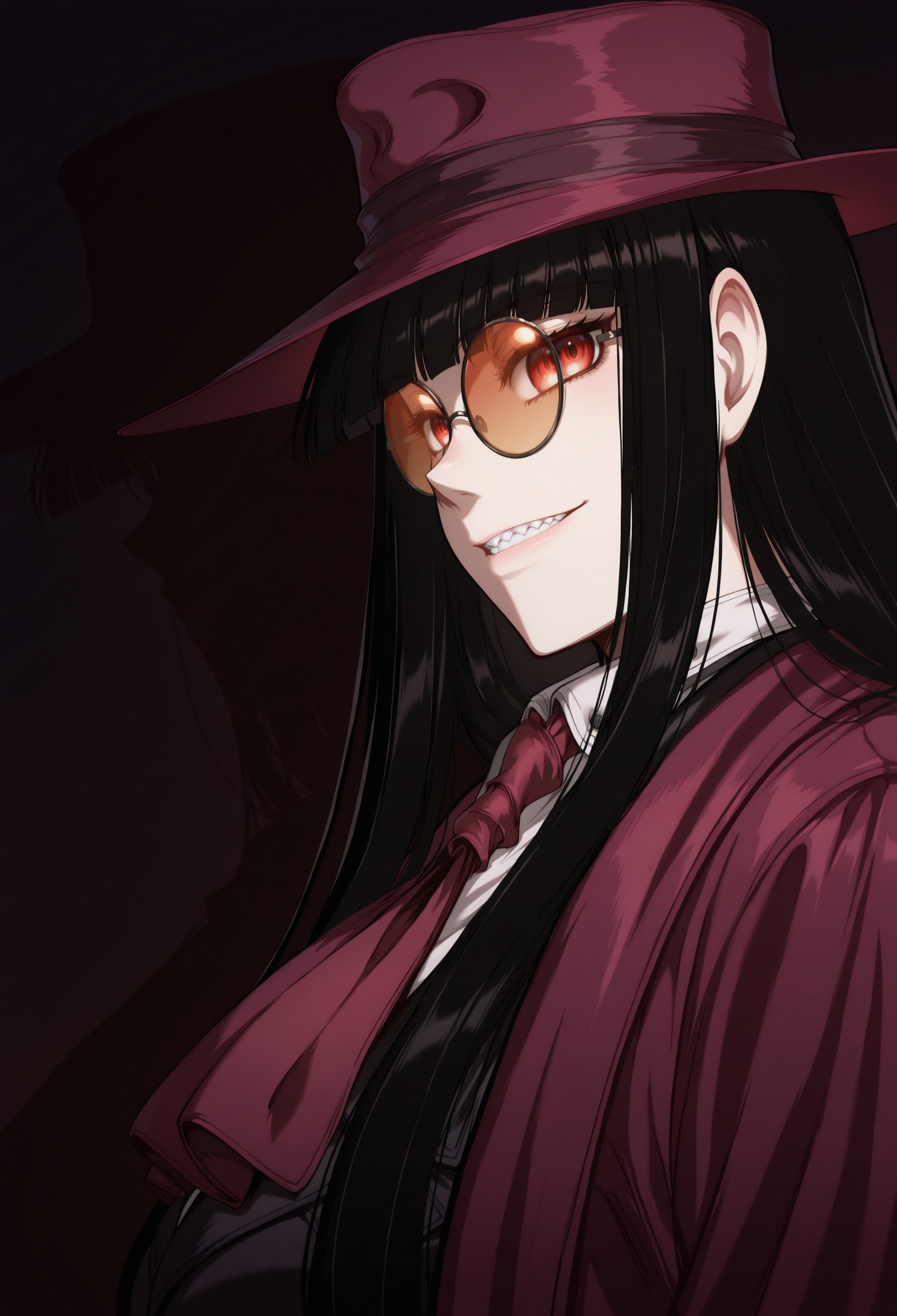 safe_pos, safe_pos, score_9, score_8_up, score_7_up, masterpiece, best quality, very aesthetic, ambiance, beautiful night, Girlycard, 1girl, solo, black hair, long hair, hime cut, blunt bangs, red eyes, detailed eyes, beautiful eyes, sideways glance at viewer, sharp teeth, smile, medium breasts, red coat, red ascot, white shirt, black jacket, white gloves, black pants, brown boots, glasses, orange-tinted eyewear, round eyewear, red hat, \(three quarter profile\), front view, side view, three-quarters portrait, portrait, extreme close-up, face focus, dark background, shadows, dim light,