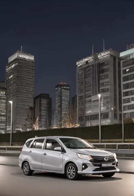 high resolution, best quality, Car, Daihatsu Sigra, City bridge, night, lit up,