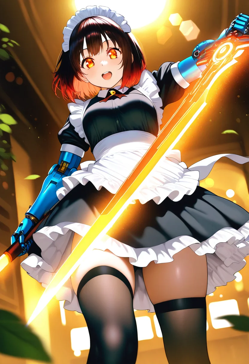 masterpiece, best quality, amazing quality, very aesthetic, absurdres,<lora:NUS(noobai vpred)0.1v:1>,
lens flare, light particles, cinematic, extremely exquisite female facial description, year 2023,blurry foreground, ray tracing, cinematic lighting, 1girl, solo, looking at viewer, smile, open mouth, short hair, brown hair, black hair, dress, thighhighs, holding, weapon, red hair, teeth, black thighhighs, sword, holding weapon, black dress, apron, orange eyes, maid, maid headdress, glowing, holding sword, from below, glowing eyes, maid apron, mechanical arms, cyborg, single mechanical arm, glowing weapon, glowing sword, blurry foreground, leaves,