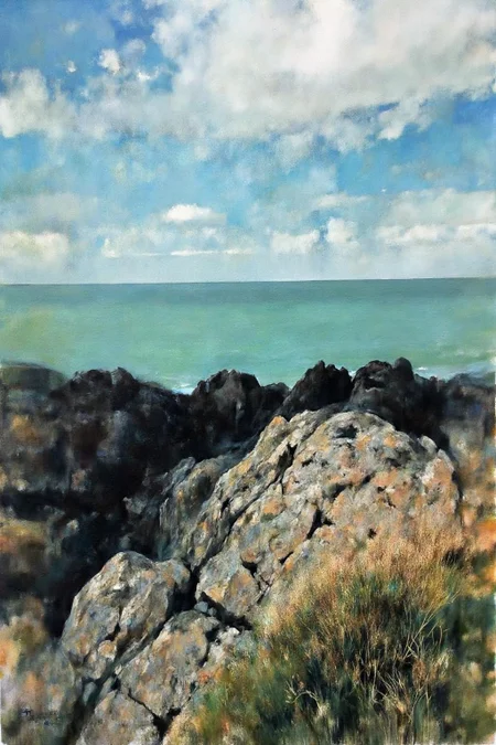 painting.
A rocky shoreline is in the foreground with vegetation on the rocks. The sea is deep blue and green, and the sky is filled with various types of clouds. The horizon is visible in the distance.
<lora:billbate1_cap_d8a4e12:1.0><lora:852814049501566263:0>