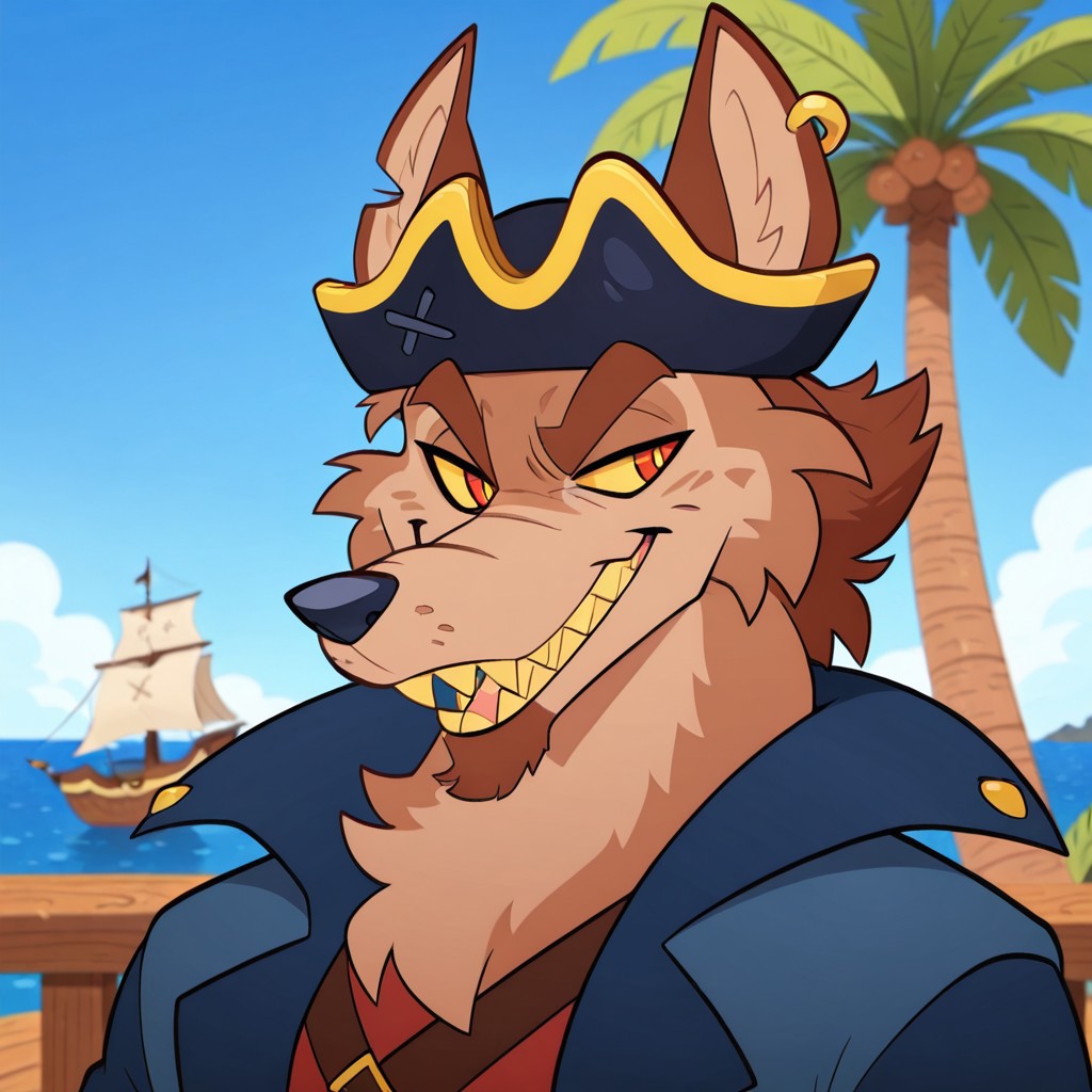 <lora:Skurv_the_Coyote:1>, masterpiece, best quality, hires, absurdres, skurvthecoyote, coyote, solo, 1boy, male focus, furry male, furry, brown fur, teeth, sharp teeth, smile,two-tone fur, animal ears, yellow sclera, red eyes, teeth, thick eyebrows, pirate hat, earring, facial hair, blue jacket, open jacket, ocean background, on pirate ship, palm trees, close up, portrait