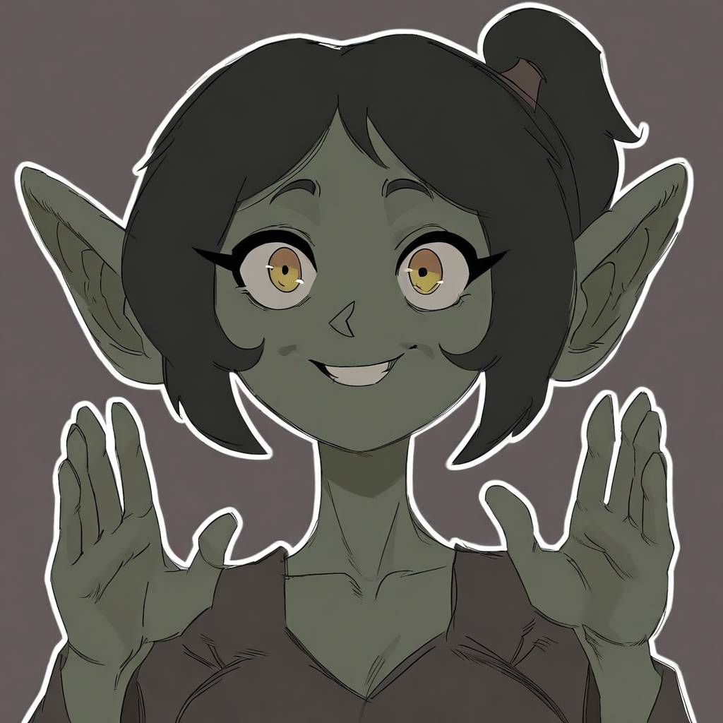 masterpiece, best quality, good anatomy, detailed face, detailed eyes, 5 fingers, solo, 1girl, Edda_(Undergroundj), goblin, yellow eyes, ponytail, green skin, pointy ears, brown shirt, front view, looking at viewer, simple background, character concept, clothed, smile upper body portrait,