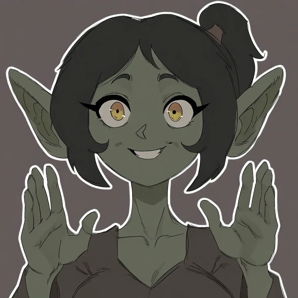 masterpiece, best quality, good anatomy, detailed face, detailed eyes, 5 fingers, solo, 1girl, Edda_(Undergroundj), goblin, yellow eyes, ponytail, green skin, pointy ears, brown shirt, front view, looking at viewer, simple background, character concept, clothed, smile upper body portrait,