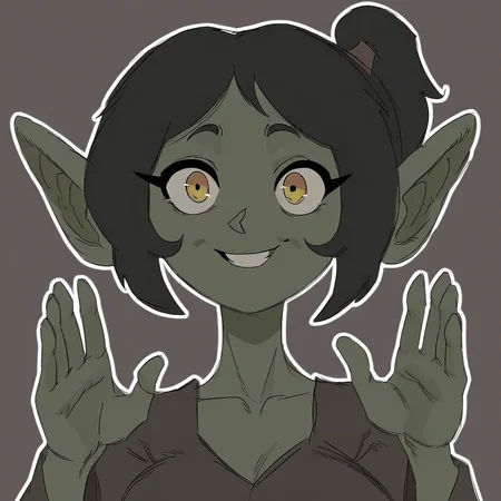 masterpiece, best quality, good anatomy, detailed face, detailed eyes, 5 fingers, solo, 1girl, Edda_(Undergroundj), goblin, yellow eyes, ponytail, green skin, pointy ears, brown shirt, front view, looking at viewer, simple background, character concept, clothed, smile upper body portrait,