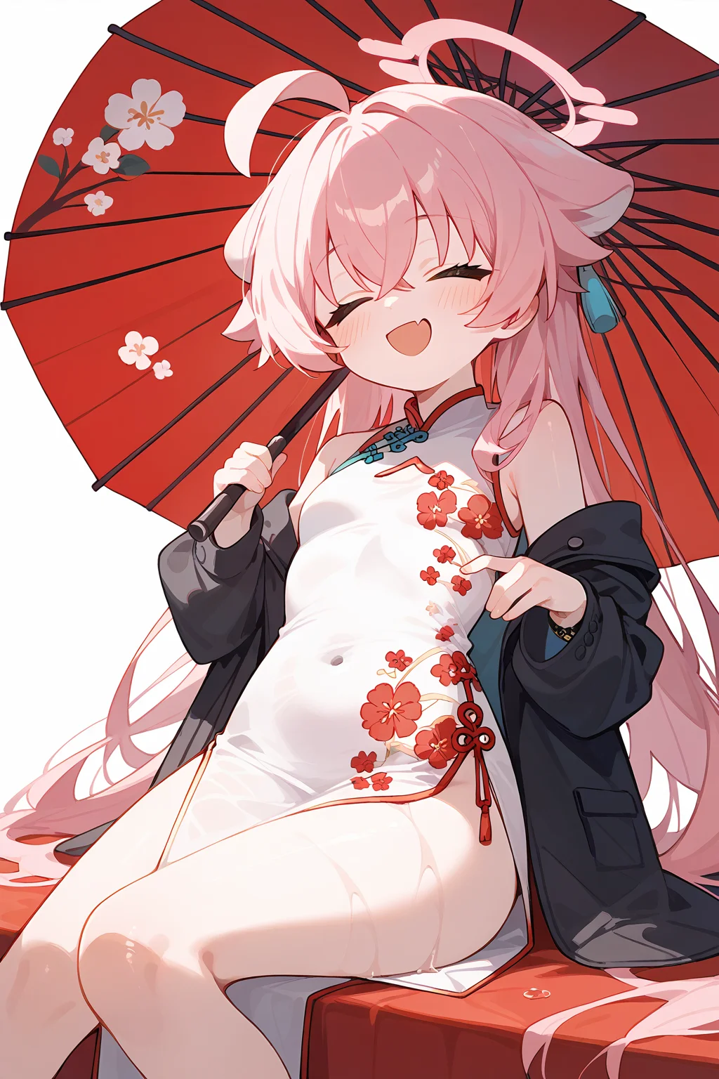 (score_9,score_8_up,score_7_up),<lora:hoshino (blue archive)-v1:1>,hoshino (blue archive),1girl,umbrella,solo,china dress,pink hair,chinese clothes,halo,long hair,ahoge,fang,closed eyes,dress,oil-paper umbrella,holding umbrella,holding,jacket,smile,blush,hair between eyes,white background,open mouth,skin fang,simple background,bangs,floral print,sleeveless,very long hair,small breasts,black jacket,white dress,alternate costume,sleeveless dress,
good feet,anime,NSFW,expressive,amazing quality,ultra hd 32k,