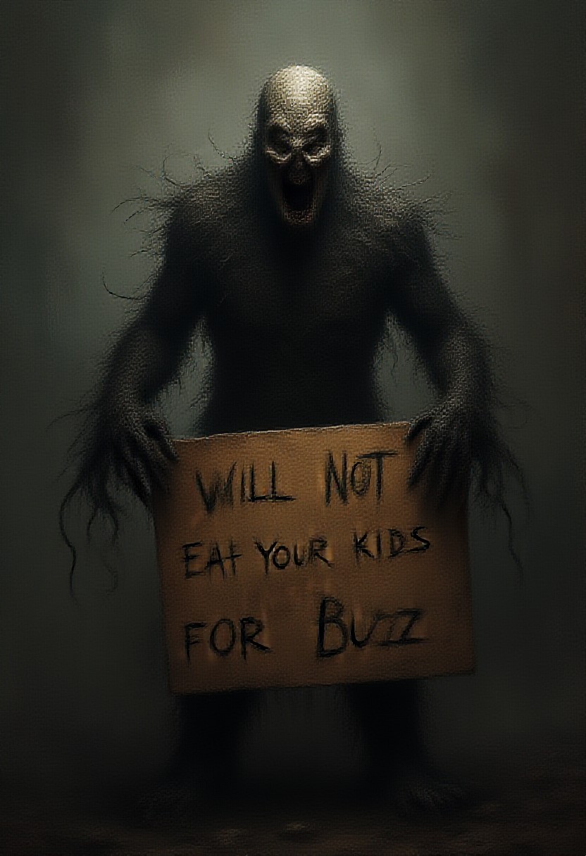 imagine the boogeyman and he's got a sign that says "WILL NOT EAT YOUR KIDS FOR BUZZ"