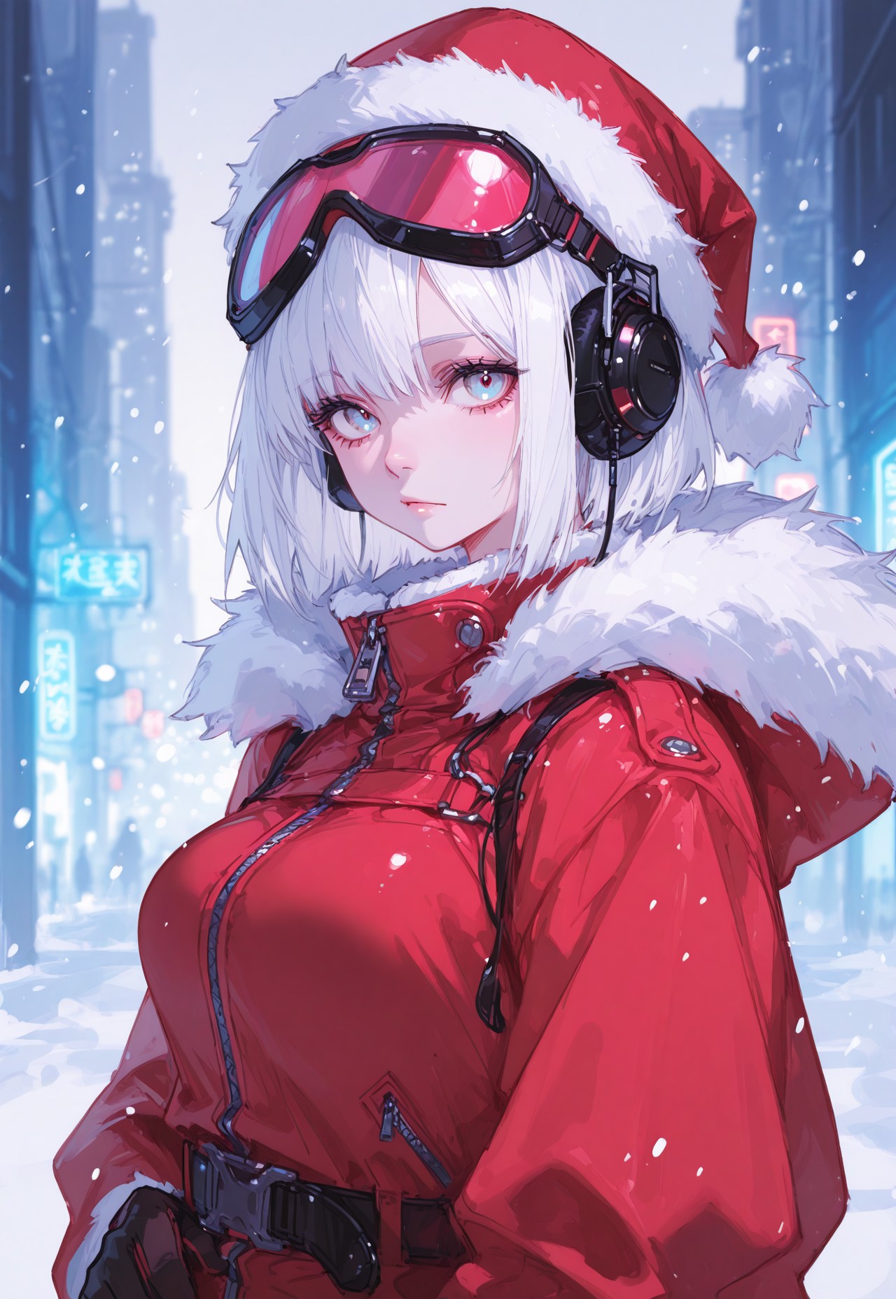 masterpiece, best quality, very aesthetic, absurdres, ambient light, soft light, SagawaStyle, Rapscallionstyle, ma1ma1helmes_b_illu,sketch,
 1girl, hat, santa hat, solo, snowing, fur trim, breasts, christmas, red headwear, jacket, upper body, white hair, santa costume, blurry, red jacket, snow, gloves, medium breasts, , nose, , fur-trimmed headwear, blurry background, zipper, looking at viewer, headphones, goggles on head, , short hair, depth of field, fur-trimmed coat, cyberware, cyberpunk, city street, neon lights, 
high detail, soft shadows