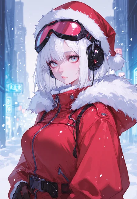 masterpiece, best quality, very aesthetic, absurdres, ambient light, soft light, SagawaStyle, Rapscallionstyle, ma1ma1helmes_b_illu,sketch,
 1girl, hat, santa hat, solo, snowing, fur trim, breasts, christmas, red headwear, jacket, upper body, white hair, santa costume, blurry, red jacket, snow, gloves, medium breasts, , nose, , fur-trimmed headwear, blurry background, zipper, looking at viewer, headphones, goggles on head, , short hair, depth of field, fur-trimmed coat, cyberware, cyberpunk, city street, neon lights, 
high detail, soft shadows