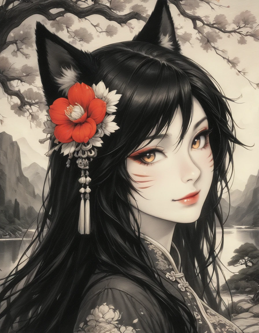 <lora:illustriousXLv01_stabilizer_v1.165c:0.6>1girl,fox ears,ahri,black hair,long hair,hair flower,red flower,portrait,light smile,(china dress:0.9),outdoors,tree,lake,mountainous horizon,monochrome,black and white,ink painting,masterpiece,[Trained by reakaakasky @civitai.com/user/reakaakasky and only published on civitai::0],