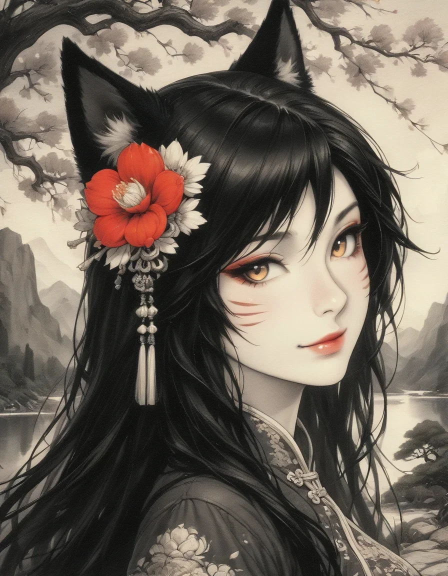 <lora:illustriousXLv01_stabilizer_v1.165c:0.6>1girl,fox ears,ahri,black hair,long hair,hair flower,red flower,portrait,light smile,(china dress:0.9),outdoors,tree,lake,mountainous horizon,monochrome,black and white,ink painting,masterpiece,[Trained by reakaakasky @civitai.com/user/reakaakasky and only published on civitai::0],