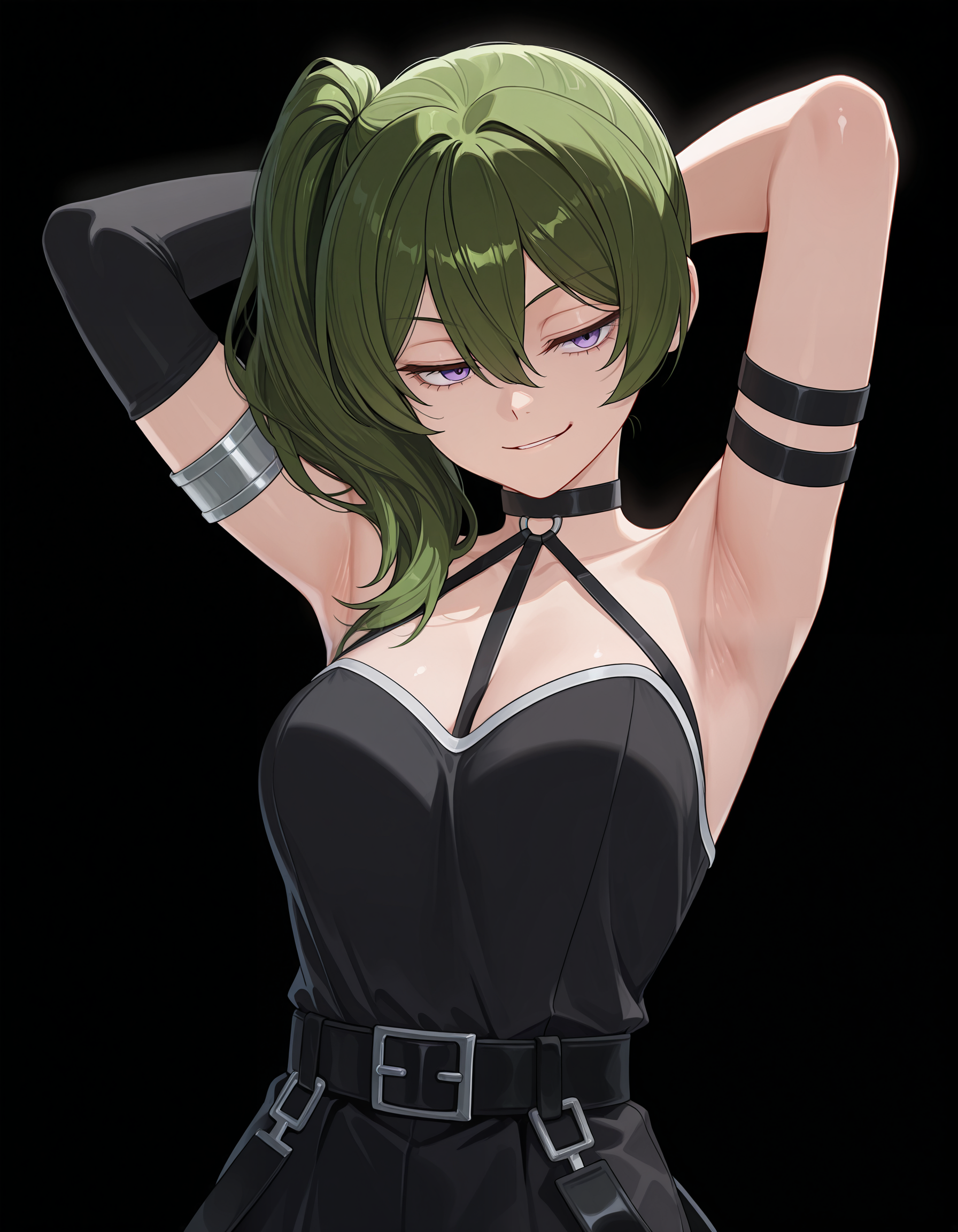 <lora:Ubel v2 Illu:1>1girl, solo,
ub3l, green hair, purple eyes, long hair, side ponytail, hair between eyes,
ub3ldefault, single elbow glove, arm strap, black belt, short black dress, suspenders hanging, thigh strap, o-ring choker, armlet, 
upper body, arms behind head, armpits, smirk, 
simple background, black background