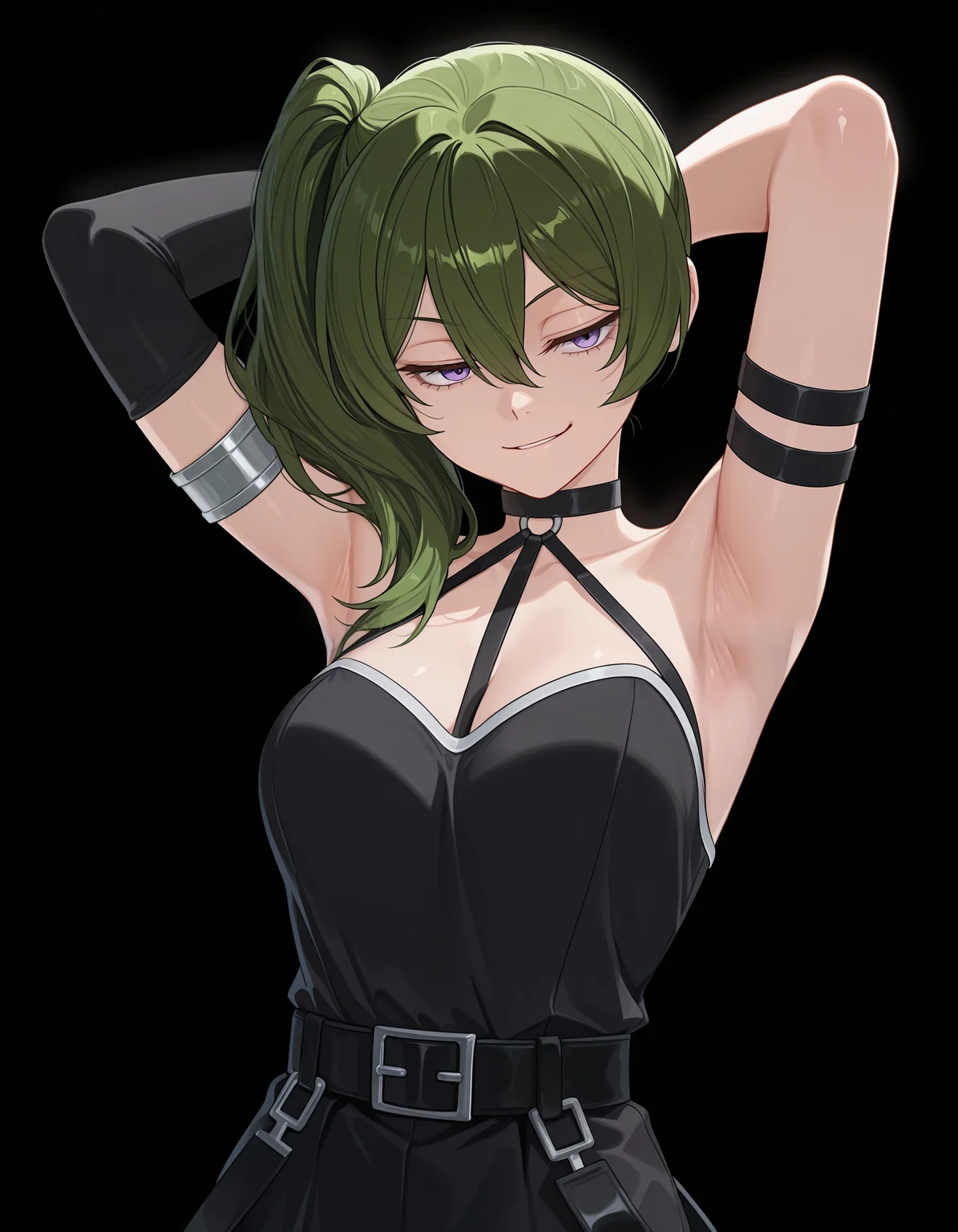 <lora:Ubel v2 Illu:1>1girl, solo,
ub3l, green hair, purple eyes, long hair, side ponytail, hair between eyes,
ub3ldefault, single elbow glove, arm strap, black belt, short black dress, suspenders hanging, thigh strap, o-ring choker, armlet,
upper body, arms behind head, armpits, smirk,
simple background, black background