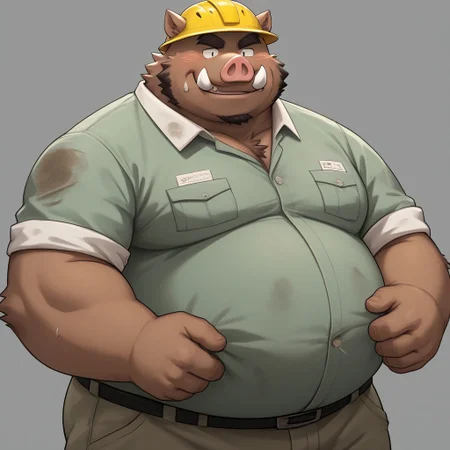 score_9,score_8_up, furry, 2d, illustrated, detail face, detail eyes, upper body, 
anthro boar daddy and boar fangs and boar ears and boar snout and brown fur and boar snout and boar ears and boar fangs and fat and chubby and obese and manly face and big belly and huge belly and thick thigs and thick chest and thick arms and thick eyebrows and narrow eyes, 
dirty smile, smirk, 
wearing construction working wear, dirty wear, stained wear, filthy wears, light-green shirt, yellow helmet,