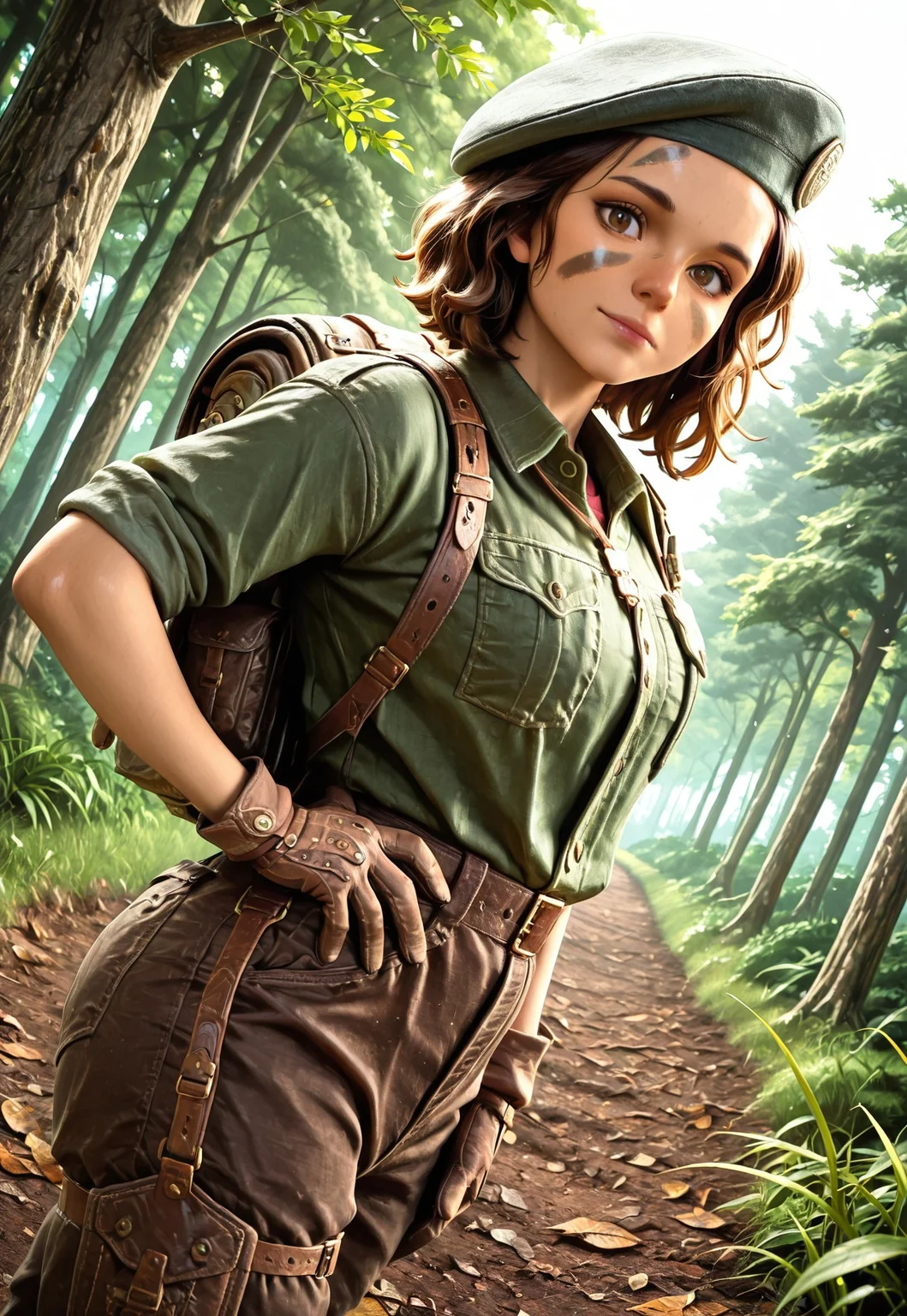lazypos, masterpiece, best quality, dynamic angle, 1girl, solo, mirar6s, brown eyes, short hair, brown hair, facepaint2, beret, green collared shirt, backpack, brown gloves, hand on hip, looking at viewer, light smile, field, forest, trees, detailed scenery