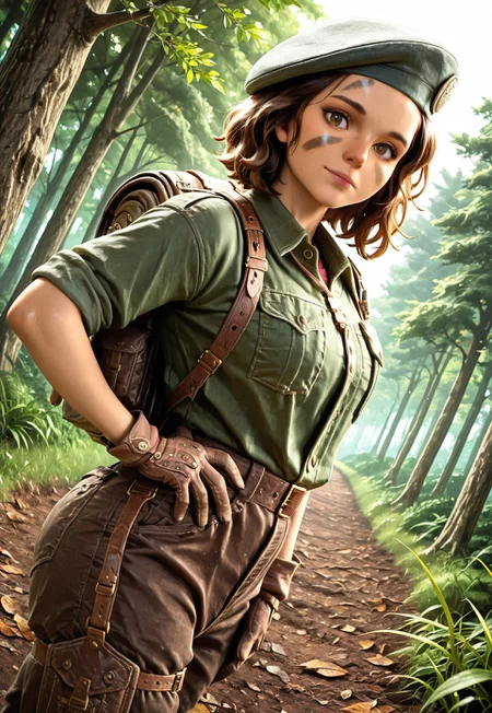 lazypos, masterpiece, best quality, dynamic angle, 1girl, solo, mirar6s, brown eyes, short hair, brown hair, facepaint2, beret, green collared shirt, backpack, brown gloves, hand on hip, looking at viewer, light smile, field, forest, trees, detailed scenery