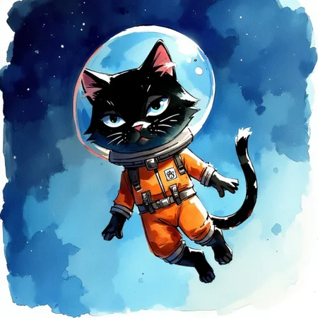 Water color painting of a little black cat floating in space. Its wearing a little glass bubble helmet and wearing a spacesuit